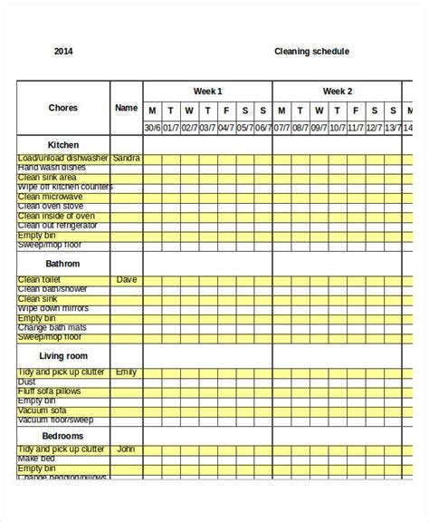 Weekly Cleaning Schedule Template Excel