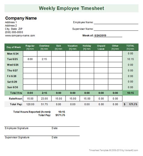Weekly Excel Timesheet Template