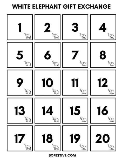 White Elephant Numbers Printable Free