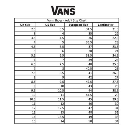 Womens Vans Size Chart