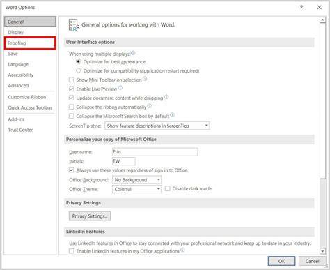 Menu Proofing di Jendela Word Options