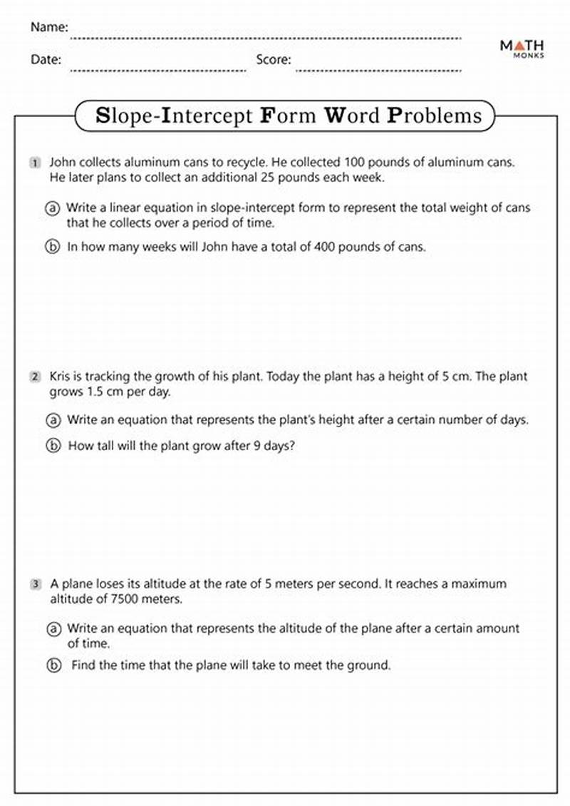 Word Problems In Slope Intercept Form Worksheet