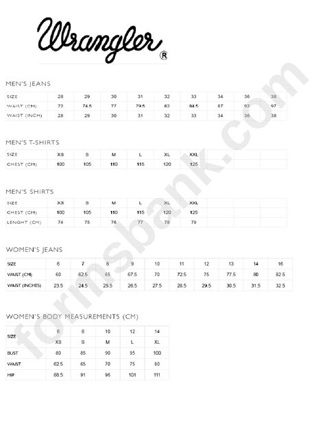 Wrangler Size Conversion Chart
