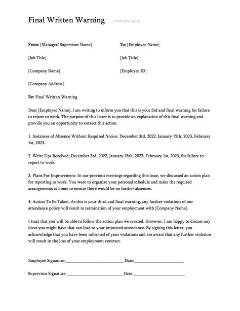 Written Warning Template For Employee