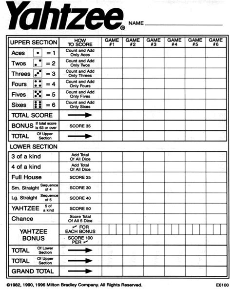 Yahtzee Game Card Printable