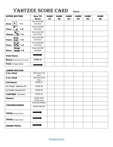 Yard Yahtzee Score Card Free Printable