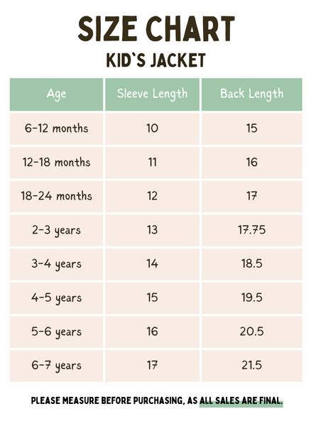 Youth Jacket Size Chart