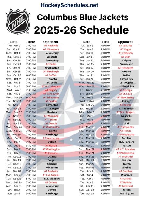 Blue Jackets Printable Schedule