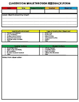 Classroom Walkthrough Feedback Form