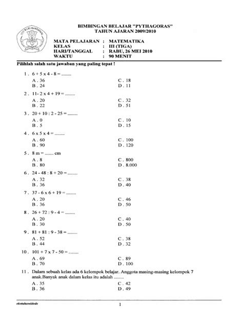 Contoh Soal Matematika Kelas 3 SD Semester 1