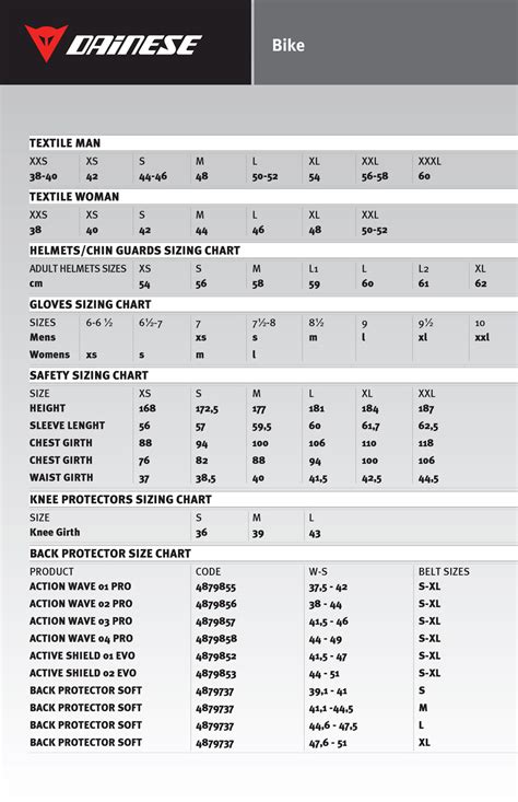 Dainese Jacket Size Chart