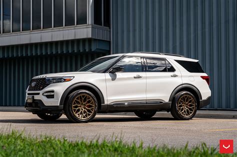 Close-up of factory Ford Explorer ST wheels with their signature sporty design.