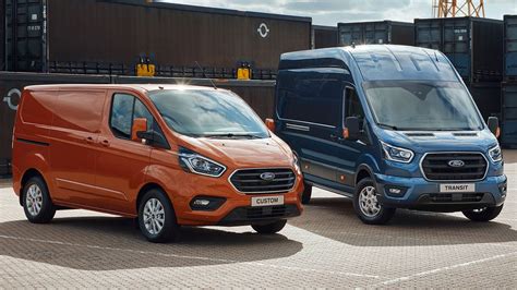 Side-by-side comparison image of a Ford Transit Custom and a full-size Ford Transit van