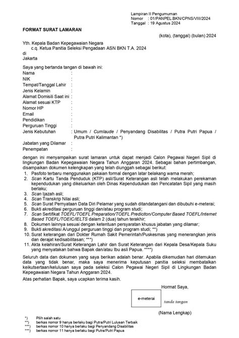 format surat lamaran cpns