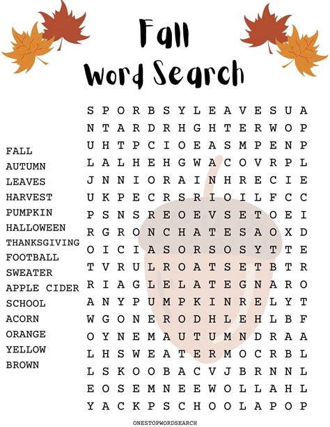 Free Printable Difficult Fall Word Search
