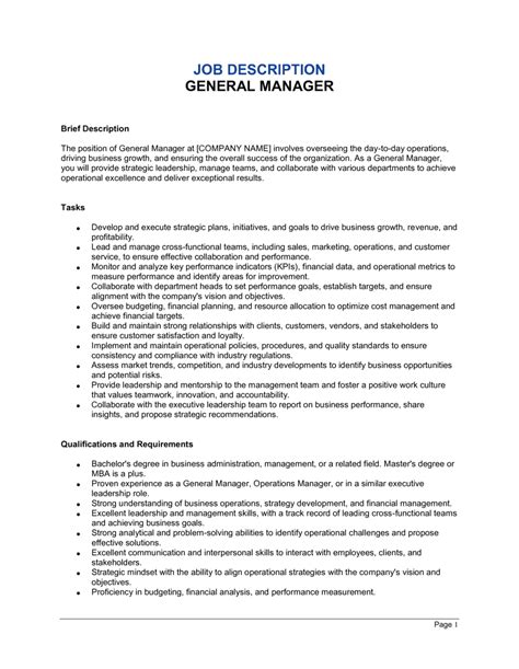 Gm Job Description Template