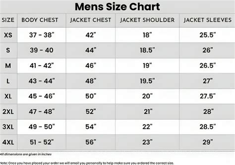 Jacket Men Size Chart