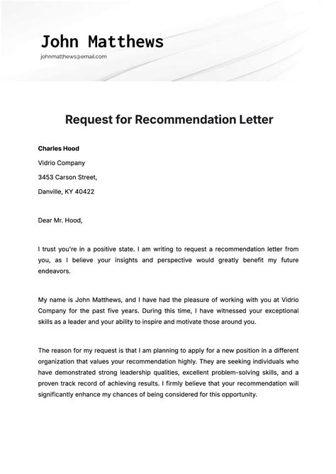 Request For A Letter Of Recommendation Template