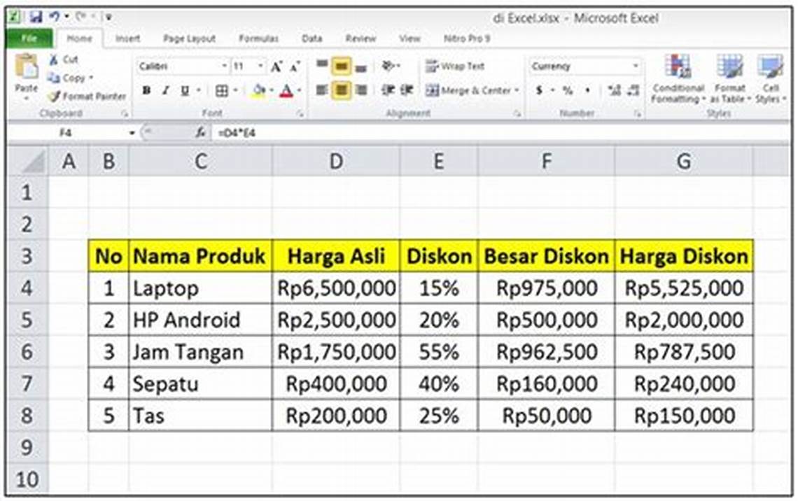 Contoh Penghitungan Nett Harga di Excel