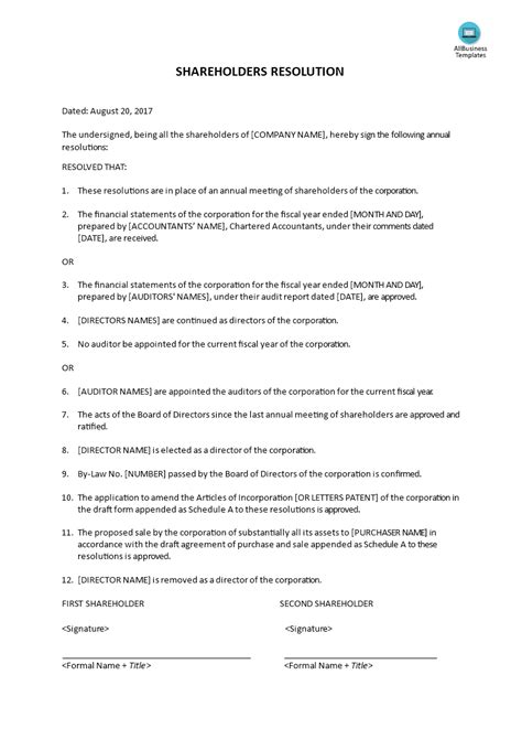 Shareholders Resolution Template