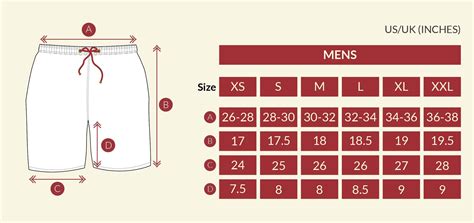Size Chart For Shorts