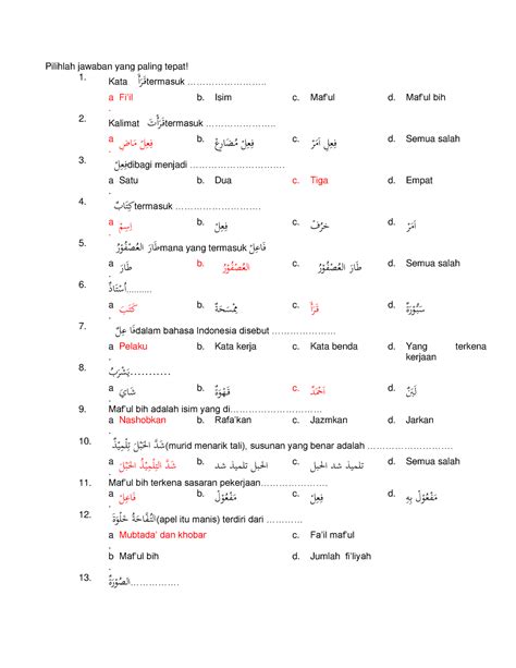 soal pilihlah jawaban yang tepat bahasa arab mi