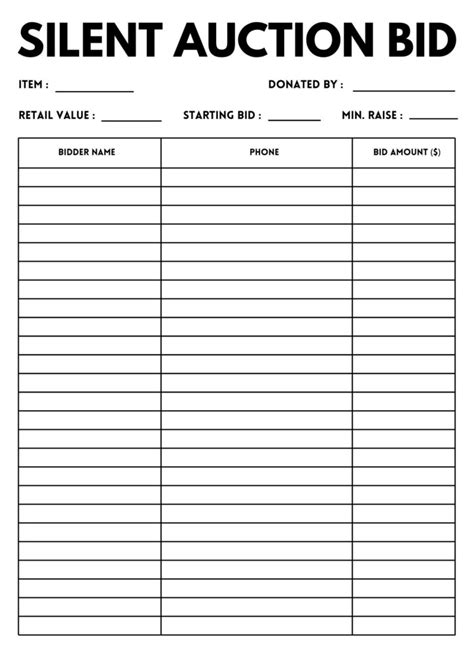 Template Silent Auction Bid Sheet