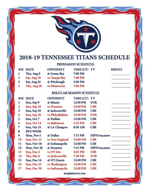 Tennessee Titans Printable Schedule