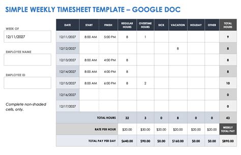 Timesheet Google Docs Template